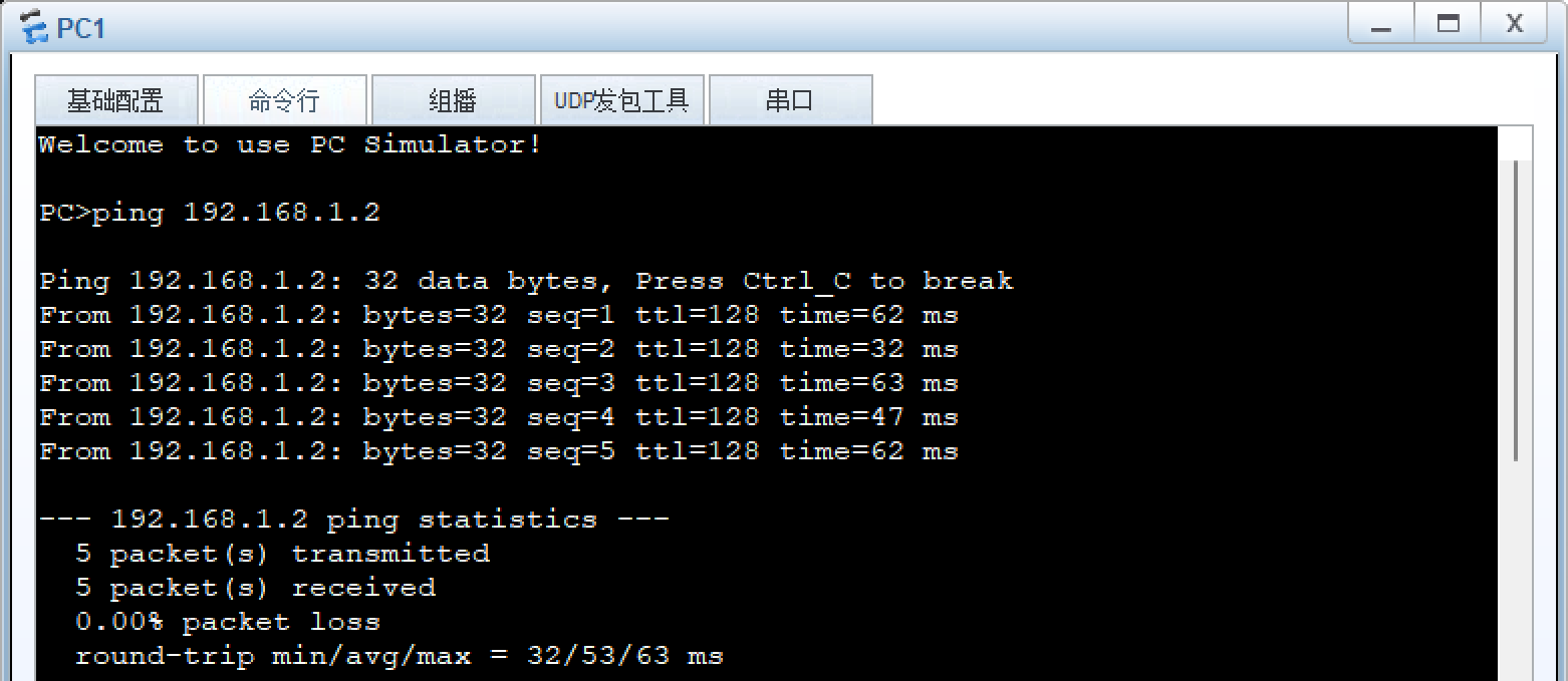 PC1 ping PC2 结果